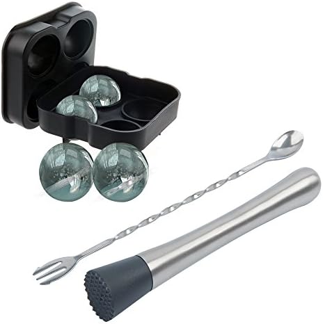 BIG COMBO for Bar & Wine Tools - Included Black Sphere Ice Silicone Mold (Molds 4 X 4.5cm Round Ice Ball Spheres) with 8" Cocktail Muddler & 10" Bar Mixing Spoon