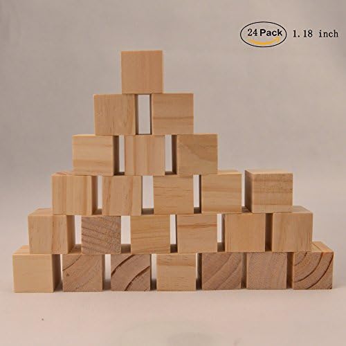 Glitz Star 1.2Inch Wood Craft Blocks DIY Wooden Cubes Natural Unfinished Wood Baby Shower Pack of 24