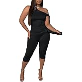 Lingt Chic Women's 2 Piece Stretchy Bodycon Outfits Off Shoulder Solid Color Top And High Waist Capri Pants Set