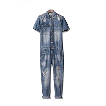 Amazon 半袖 ダメージ オーバーオール メンズ ライトブルー