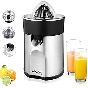 AICOK Orange juicer Machine 85W Electric Citrus Juicer with Anti-Drip Spout, 2 Size Cones and Stainless Steel Filter, Silent Motor and BPA-Free,Silver and Black