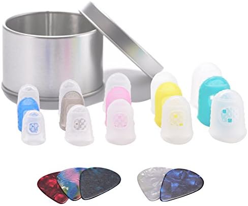 Kaosaike 15 Pieces Clear Silicone Guitar Fingertip Protectors in 5 Sizes Colorful Finger Guards for Ukulele, Electric Guitar, 5 Guitar Picks Added for Gift（L/M/S/XS/XXS）