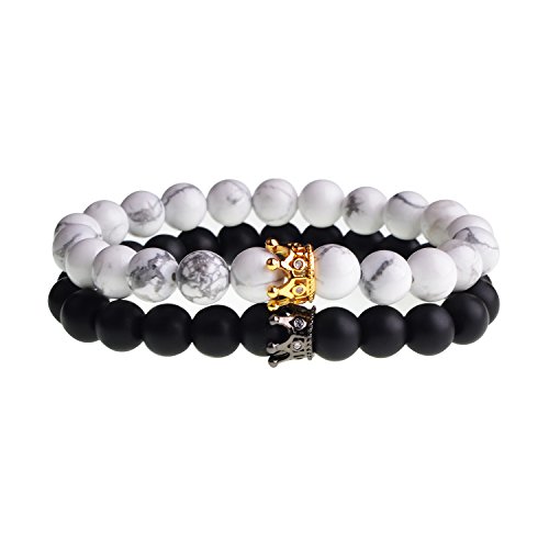 SEVENSTONE 2PCS Crown Couples Bracelet for Men Women King&Queen Bracelet Adjustable 8MM Beads