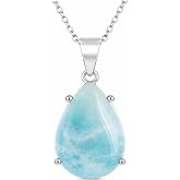 Beaux Bijoux Natural Larimar Gemstone Pear-Shaped Design Pendant 18” Necklace | Sterling Silver Jewelry for Women or Teens
