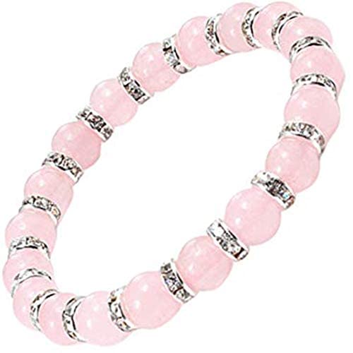 Helena Rose Jewellery - Natural Pink Rose Quartz Stretch Bracelet for Women - Gemstones with Clear Crystal Rhinestones - Valentines Gift, Plus Jewellery Gift Box