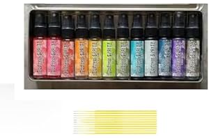 Ranger Distress Spritz Bundles - Set #1 12 Tim Holtz Distress Spritzes Fossilized Amber, Peacock Feathers, Picked Raspberry, Twisted Citron and More with Trebbies Detail Sticks (with TIN)