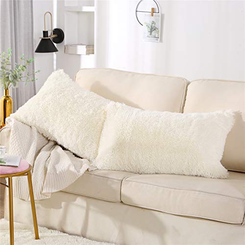 MooWoo Fluffy Pillowcase Standard Size Set of 2, Creamy White, Sherpa Shaggy Pillow Cases Decorative Covers with Zipper, 20"x30"