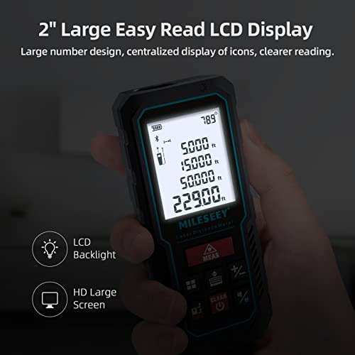 70 m Laser Rangefinder with Phone App, MiLESEEY Laser Meter with Electronic Tilt Sensor, ±2 mm Accuracy, Pythagoras, Area and Volume, Backlit 2 Inch LCD