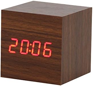 Arswin LED Wooden Alarm Clock, Digital Voice Control Clock, Time/Date/Temperature Display, 3xAAA Batteries/USB Charge, Cube Wood-shaped Desk Alarm Clock for Kids&amp;Adults, Home&amp;Office (Cube-Brown)