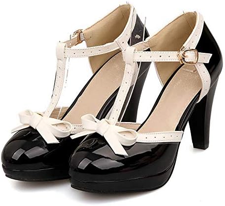 Lucksender T Strap Bows Womens Platform High Heel Pumps Shoes