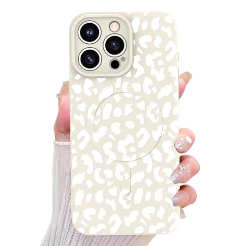 OOK Custodia magnetica per iPhone 15 Pro Max, in silicone con motivo leopardato bianco carino, compatibile con MagSafe Cheetah Print protezione per fotocamera, antiurto, sottile, per 6,7 pollici,