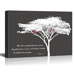 Canvas Wall Art - Abstract Tree and Birds on its Branches with Bible Quotes from Psalm 1:3 - Giclee Print Gallery Wrap Modern Home Art Ready to Hang - 12x18 inches