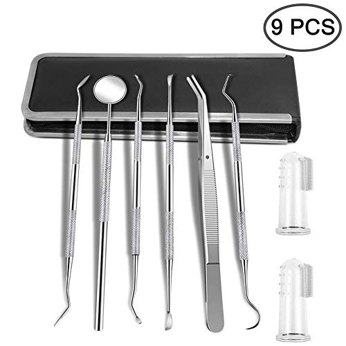 Sonku 6 Pcs Pet Tooth Scaler Tool Kit, Stainless Steel Pet Teeth Cleaning Tool Double Header Tartar Remover/Tweezer/Scrapers/Dental Mirror with 2 Pcs Finger Toothbrushes for Dogs and Cats - Thumbnail 2