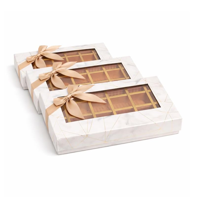 Emartbuy Set of 3 Rigid Luxury Rectangle Shaped Presentation 18 Compartments Truffle Chocolate Gift Box, Pink Marble Print, Window Lid, Removable Inner Partition and Beige Satin Bow