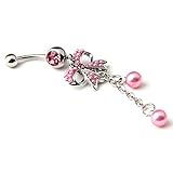 2014 New Fashion Big Sale! 14G Unique Pink Pearl Butterfly Bow with 2-tassel Bowknot Dangle Navel Ring Belly Bar Button