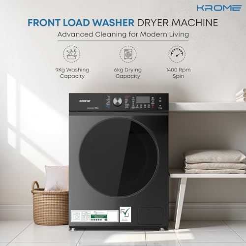 Krome Front Loading Washer Dryer Machine, 9 Kg Washing, 6Kg Drying, 1400 RPM, 16 Program, Variable Temp, Foam Sensing & Removal, BLDC Motor, Auto Restart & Balance, Load Detect, Child Lock -KR-WD96STI