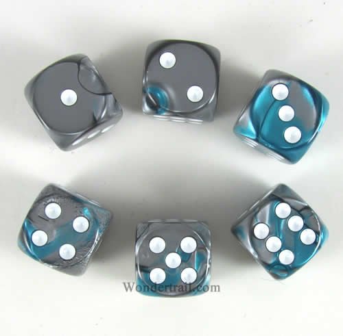 Steel and Teal Gemini With White Pips 16mm D6 Dice Set of 6 Wondertrail WCX26656E6