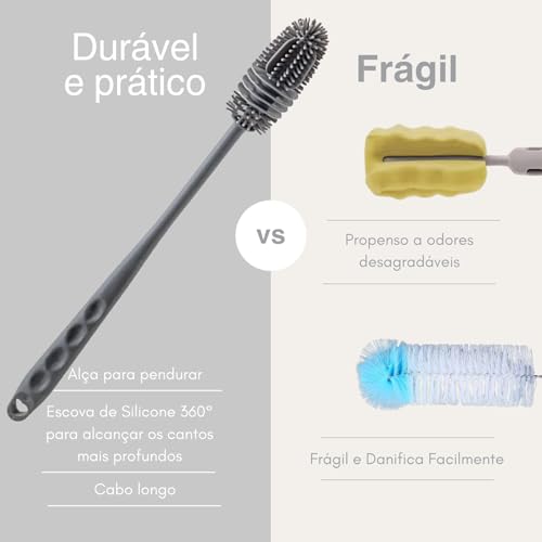 Kit Escovas para Lavar Garrafas e Canudos - Escova de Silicone para Limpeza de Mamadeira e Garrafa + 2 Escovas para Canudos + Gancho adesivo – Não Risca e Alcança Áreas Difíceis
