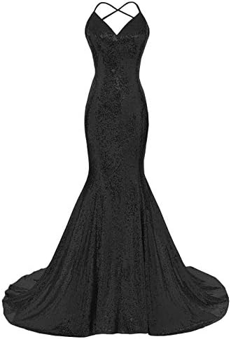 Dys Women's Sequins Mermaid Prom Dress Spaghetti Straps V Neck Backless Gowns