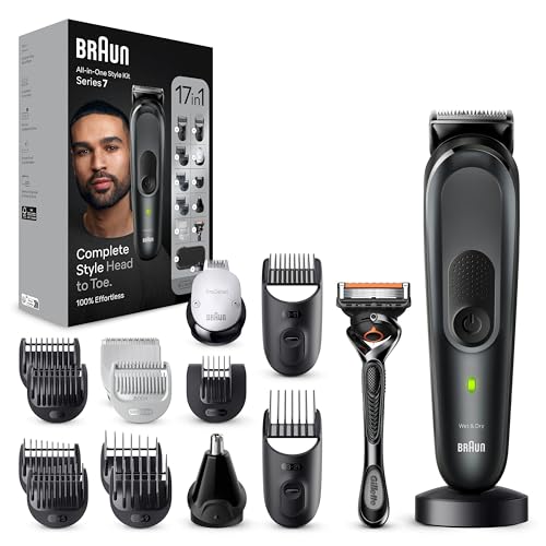 Braun All-In-One Trimmer-Set 7, 17-in-1 Multigroom, Barttrimmer, Nasenhaartrimmer, Haarschneidemaschine für Gesicht, Kopf und Körper, 100 Min Akku, 14