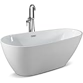 67" Freestanding Acrylic Bathtub, Deep Soaking Tub with Non-Slip Base & Chrome Drain, cUPC Certified, Easy Install, Space-Saving Bathtub, Modern Tub for Bathrooms, White Pearl