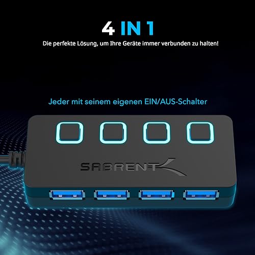 Sabrent USB HUB - 4-Port USB 3.0 Hub with Single Power Switch and LEDs (HB-UM43)