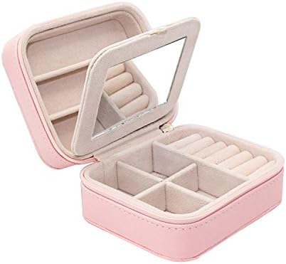 Small PU Leather Travel Jewelry Box Organizer with Mirror &amp; Detachable slots (Pink)