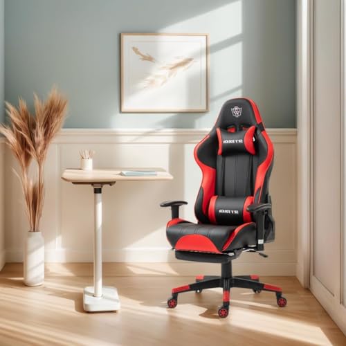 SKY-TOUCH New Upgrade Ergonomic Gaming Chair,Height Adjustable Computer Gaming Chair with Footrest,Adjustable Armrests,Fulled PU Leather, Swivel & Tilt,54x52x132cm, Red