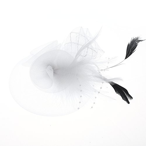 Anleolife White Fashion Feathers Hair Clip Fascinator Cocktail Kentucky Derby Hat With Mesh Loops, Beaded For Women
