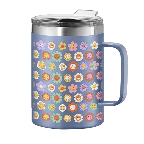 Oggi Caneca tĂ©rmica ThermoMug de aço inoxidável - parede dupla isolada a vácuo com alça e tampa, xĂcara de cafĂ©, caneca de acampamento, garrafa tĂ©rmica de viagem, 420 ml, flores felizes