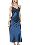 4Ping Women's Spring and Summer Imitation Silk Pajamas Long Paragraph Split Sexy Sling Sleep Dress Blue XL