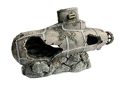 XiR Fish Tank Decorations Large Shipwreck Submarine Aquarium Decor Ornament Sunken Ship Betta Fish Hiding Cave 11″x3.35″x6.1″