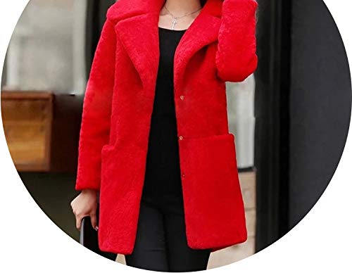 Women Faux Fur Coat Trendy Solid Thick Warm Turn-Down Collar Pocket All-Match Womens Woolen Coats,red,XL
