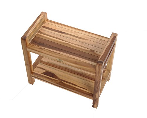 24" EcoDecors EarthyTeak™ Teak Shower Bench with Shelf and Ergonomic Lift Aid Arms - Thumbnail 6