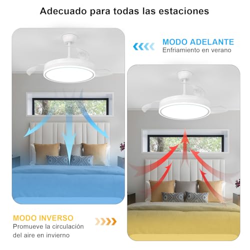 Dorlink Retractable Ceiling Fan 34 Inches with Lights, LED Remote Control with Continuous Dimerization, Modern Fan Lamp for Bedroom/Living Room/Kitchen, 3000K-6500K, 6 Speeds
