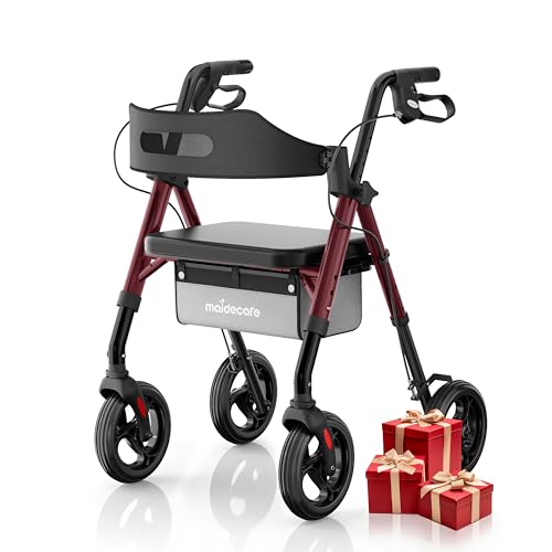 Rollator Walker with Seat and Wheels for Elderly, 4 Wheels Rollators for Seniors and Disabled, Walking Aid Foldable with Brake, Adjustable Handles and Seat Height, 8" All-Terrain Wheels, Red