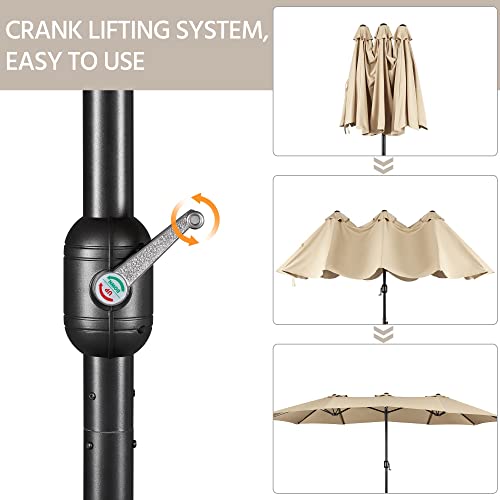 Yaheetech 15 ft Triple-size Patio Umbrella w/Base Included - Market Extra-Large Double Sided Umbrella - Twin-size Patio Parasol w/Easy Crank & 12 Strong Ribs & Ventilation Openings,Tan