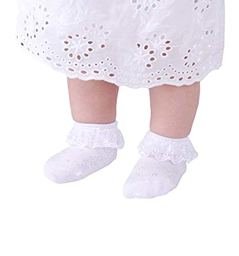 CozyWay Baby Girls Frilly Lace Basic Socks Newborn Toddlers 0-3 Years Cotton pack of 6 … (Lace#4/white/6 pack, 1-2 Y)