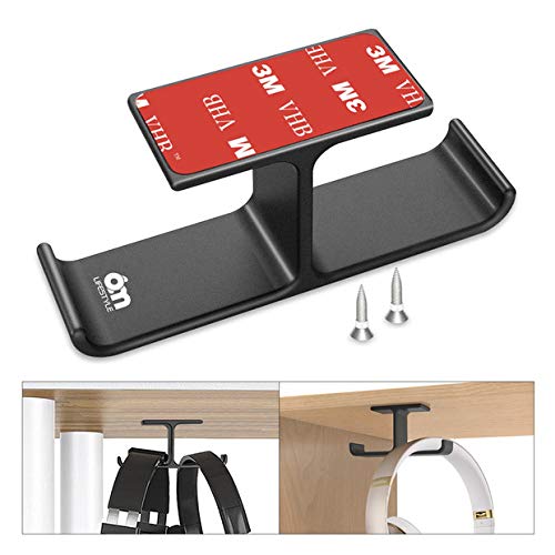 Headset Headphone Mount, 6amLifestyle Aluminum Under desk Dual Headsets Hanger Holder Stand, Stick-On Hooks Universal for All Headphones, Black (Patented)