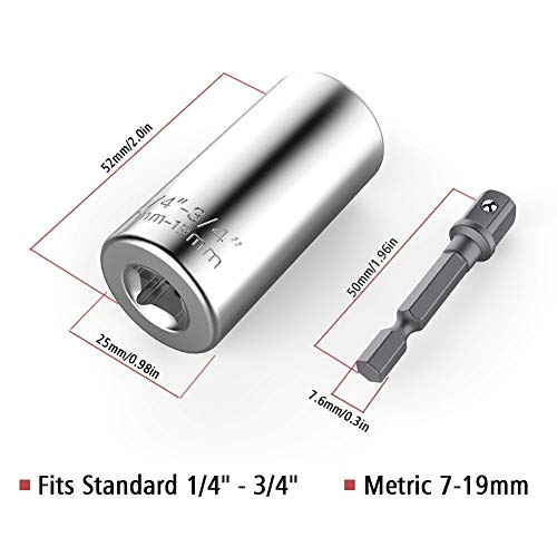 CIGOTU Multi-function 7mm-19mm Ratchet Universal Sockets Metric Wrench Power Drill Adapter Set and 105 Degree Right Angle Extension Power Screwdriver Drill Attachment 1/4" Drive 6mm Hex Magnetic Bit