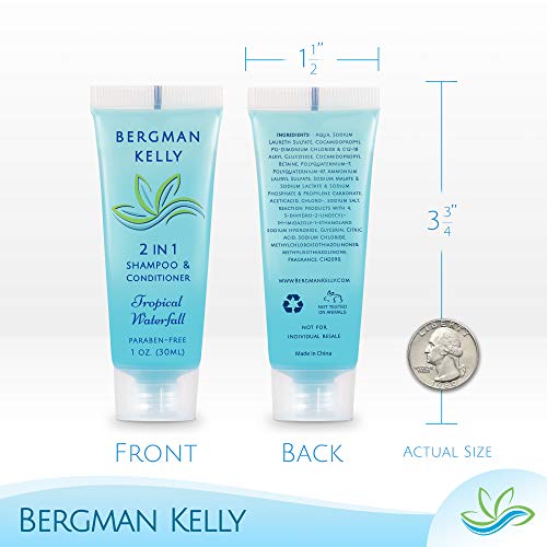 BERGMAN KELLY Round Soap Bars, 2in1 Shampoo & Conditioner 2-Piece Set (Tropical Waterfall, 1 oz each, 100 pc), Delight Your Guests with Revitalizing & Refreshing Travel Toiletries & Hotel Amenities