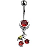 Pierced Owl 14GA 316L Stainless Steel CZ Crystal Red Cherries Dangling Belly Button Ring