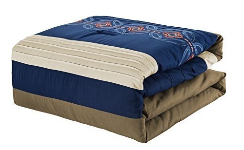 7 Piece Bedding set, Navy Blue, Beige, Taupe Comforter with Accent pillows Bed in a Bag-Hester (Queen)