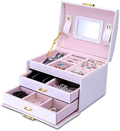 Supersail Jewelry Box Organizer Case Three-Layer Leather Jewelry Display Storage Box with Lock and Mirror, 6.9" x 5.5” x 4.7”, Beige