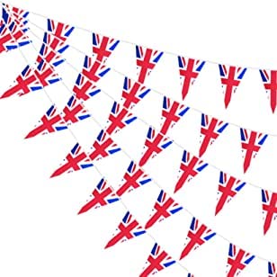 2 x 10m/33ft Large Union Jack Bunting 30Pcs Triangle British Flags, King Charles III Coronation, Sports, and Street Party Great Britain Decorations Double Sided Bunting, Pub BBQs, & Kings Royal Events