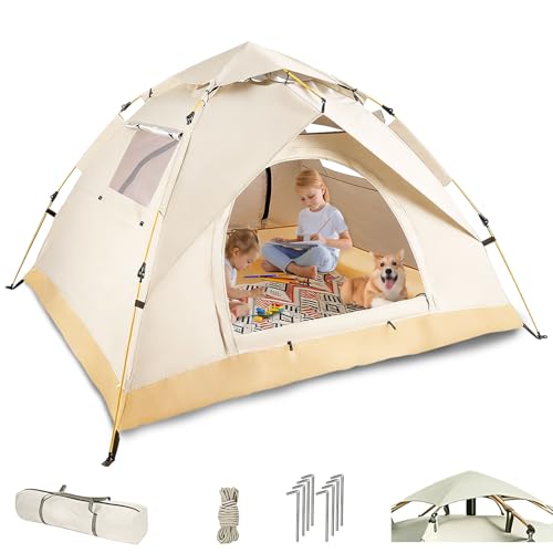 lemonsea Casa de Campaña 4 Personas, Tienda de Campaña Impermeable Ligera, Montaje Rápido Automática con 2 Puertas Ventiladas e Incluye Bolsa Transporte para Camping, Enderismo y Picnic (Blanco Roto)