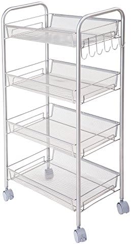 JS HOME Rolling Cart on Wheels, 4-Tier Storage Mesh Cart, Silver