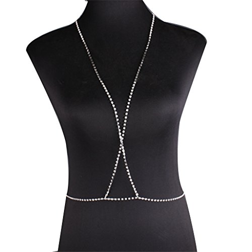 Women Sexy Rhinestone Crossed Bra Body Chains Shiny Jewelry Necklace (Silver Color)