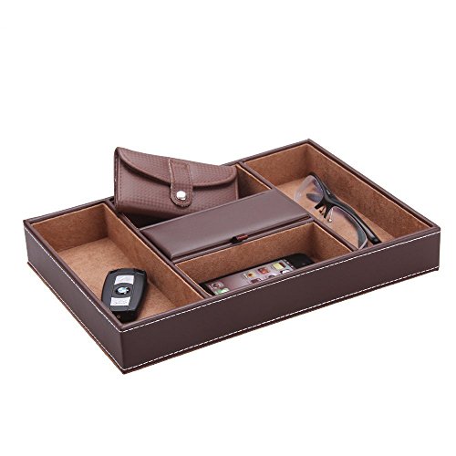 5 Compartment Leatherette Organizer Box for Wallets, Coins, Keys, and Jewelry (BROWN)