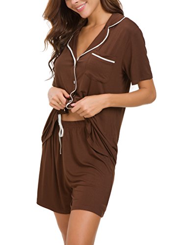 Invug Women Short Sleeve Nightwear Shirts Shorts Pajama Set Sleepwear Loungewear Brown L
